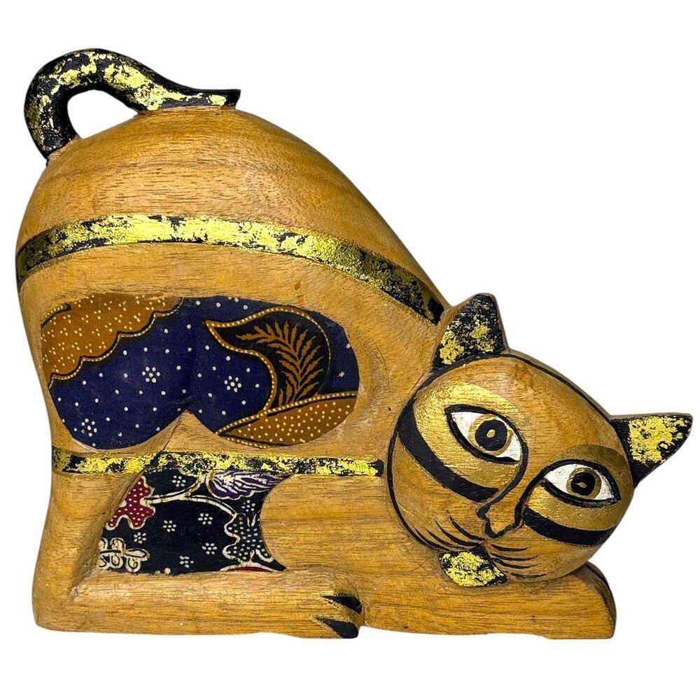 Hand Carved Wooden Cat Figurine Fabric w Metallic Gold Accents Folk Art Decor 7”